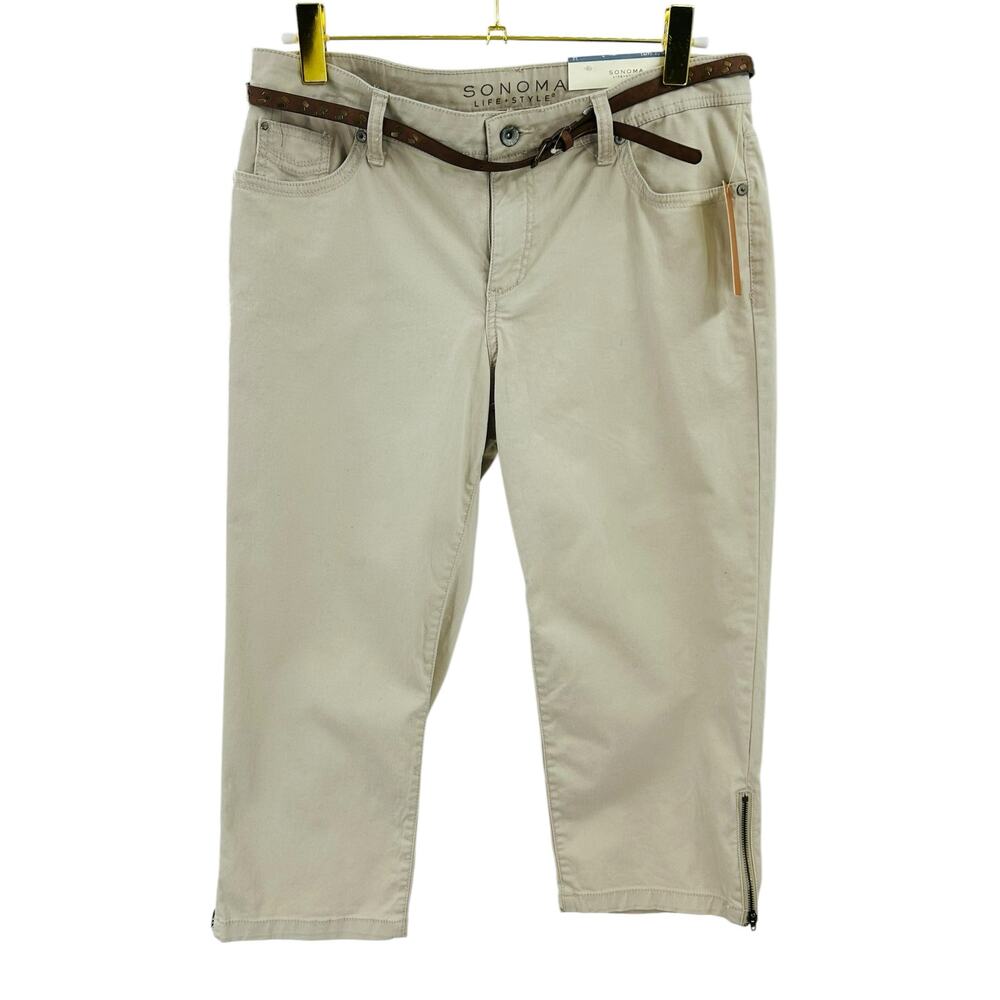 Sonoma Goods For Life Beige Capri Pants Zipper Ankle Belted Size 12